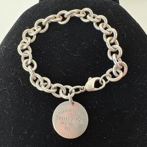 Please Return To Tiffany & Co. Sterling Silver Round Tag Bracelet 7.5" w/pouch
